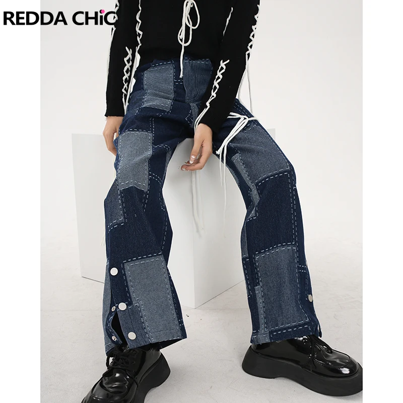 

Винтажные джинсы REDDACHiC в стиле 90-х в стиле пэчворк для мам мешковатые широкие брюки с соединением штанин для женщин уличная одежда корейские прямые брюки с высокой талией