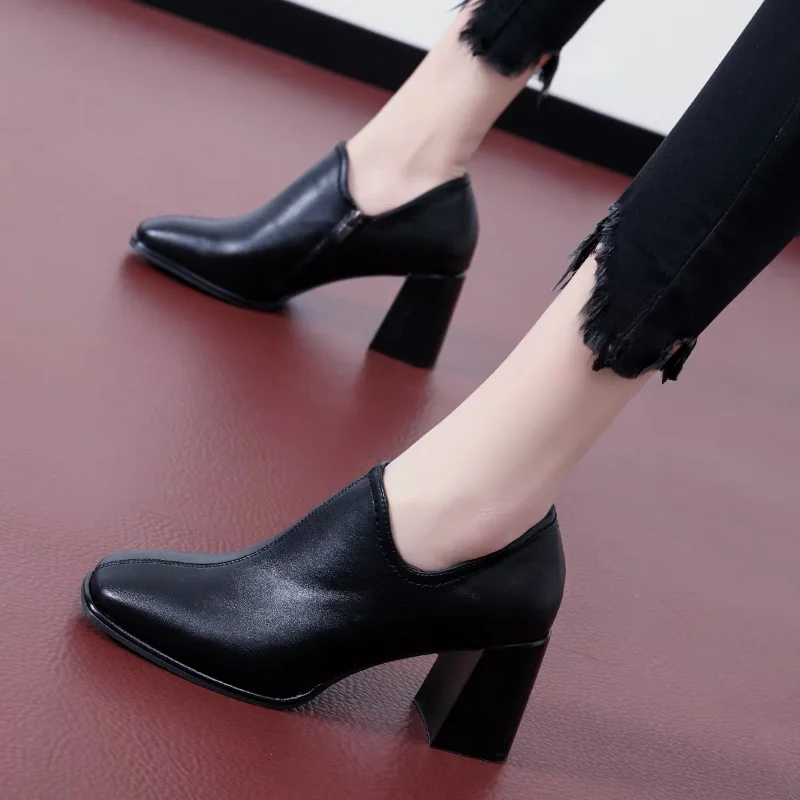 

Женские удобные туфли на толстом каблуке, черные кожаные туфли на молнии сбоку, с квадратным носком, новинка весны-осени 2022