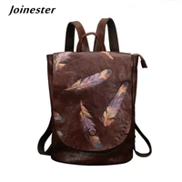 full grain leather embossed women backpack magnetic flap preppy style schoolbag for girls large travel bags vintage rucksack
