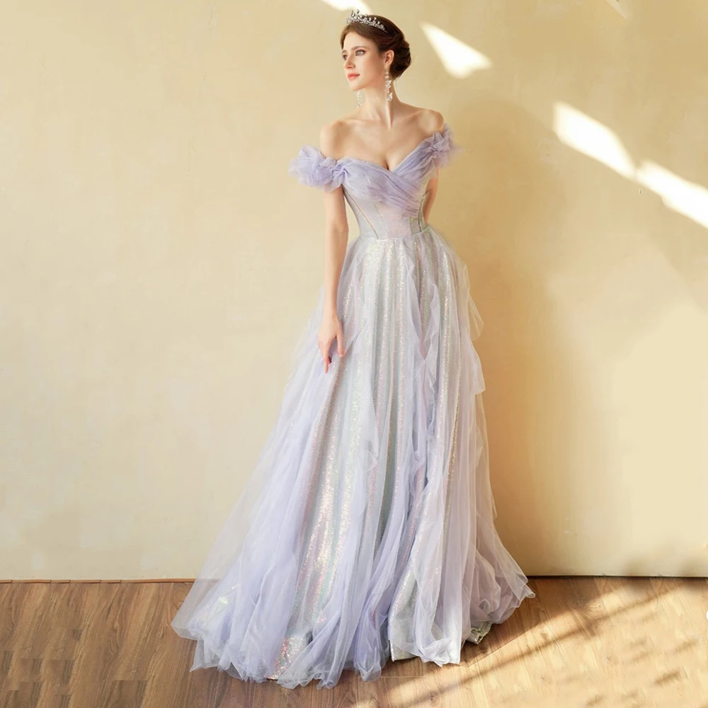 

Off Shoulder Twinkle Tulle Evening Dress A Line Ruched Fallen Straps Ocean Shimmer Beauty Maxi Low Cut Cocktail Homecoming Gowns