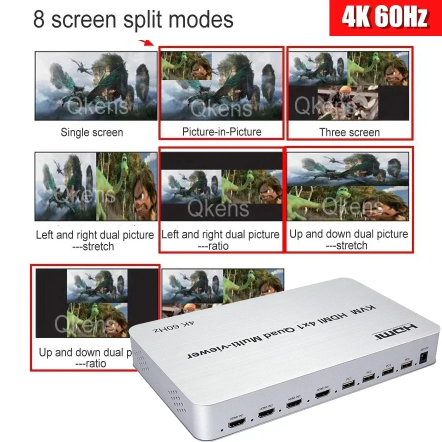 Фото Мультивьювер 4K 60 Гц 4x1 с HDMI, USB KVM-переключатель, 4-канальный видеомультиплексор с поддержкой PIP, зеркального отображения и переворота на 90/180 градусов №2