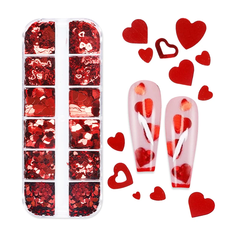 

For Valentine's Day Romantic Red Love Heart Nail Art Glitter Flakes Mix Sizes Flakes Nail Charms Manicure Decoration Accessories