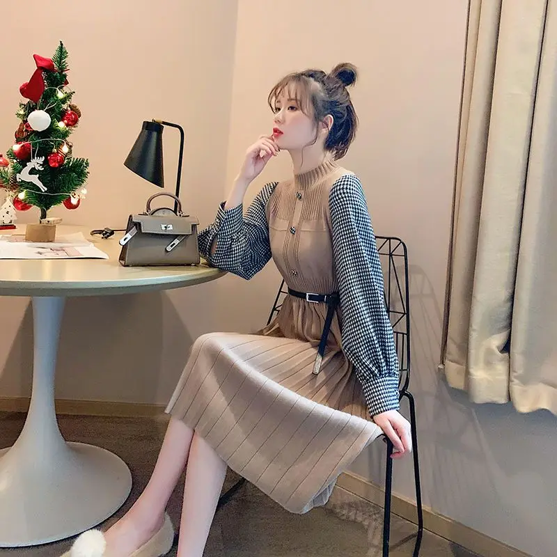 Женская одежда осень/зима 2023 французское клетчатое платье Новое поступление