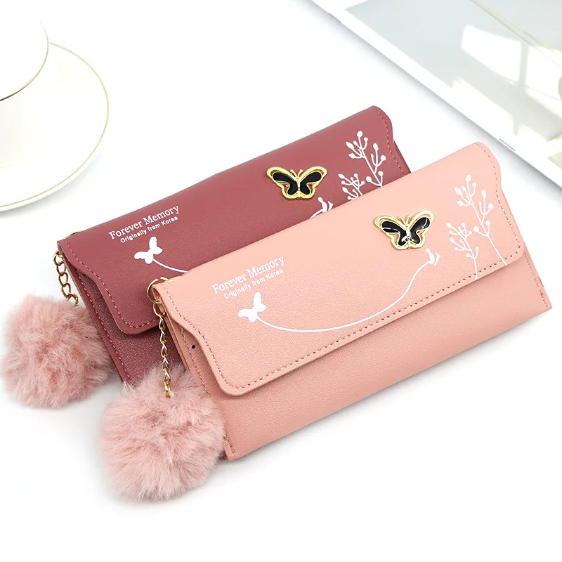 

Fashionable New Women Long Wallets Pure Color Wool Ball Bow Clutch Bag Women's Long Bag Card Bag Coin Purse кошелек женский