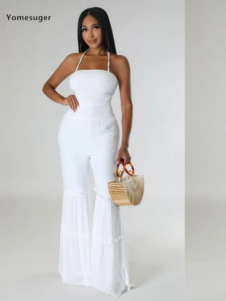 

Yomesuger Casual Solid Flared Pants Jumpsuit Women Hipster Halter Backless One Piece Rompers 2023 Fashion Overalls Vacation Wear