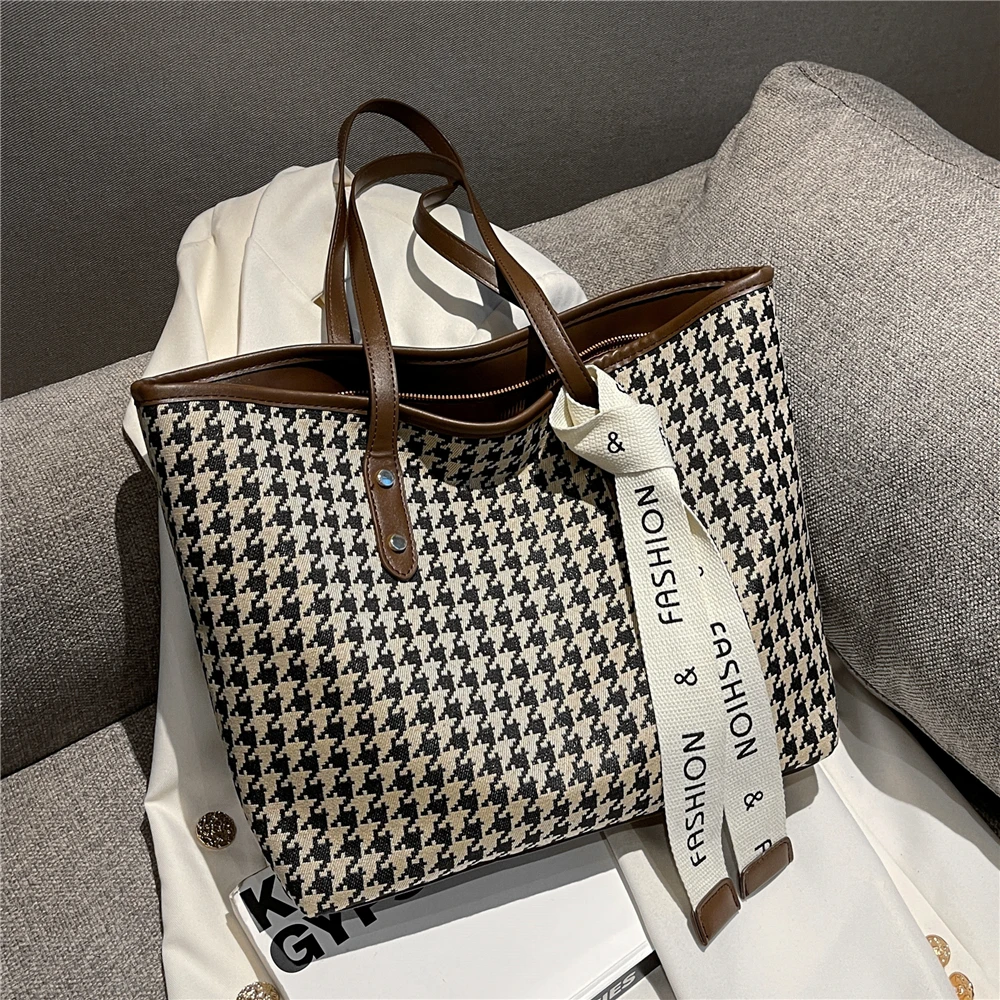 

Shen Si Houndstooth Canvas Shoulder Tote Bags with Zipper for Women 2023 Vintage Designer Large Female Shopper Ladies Handbags