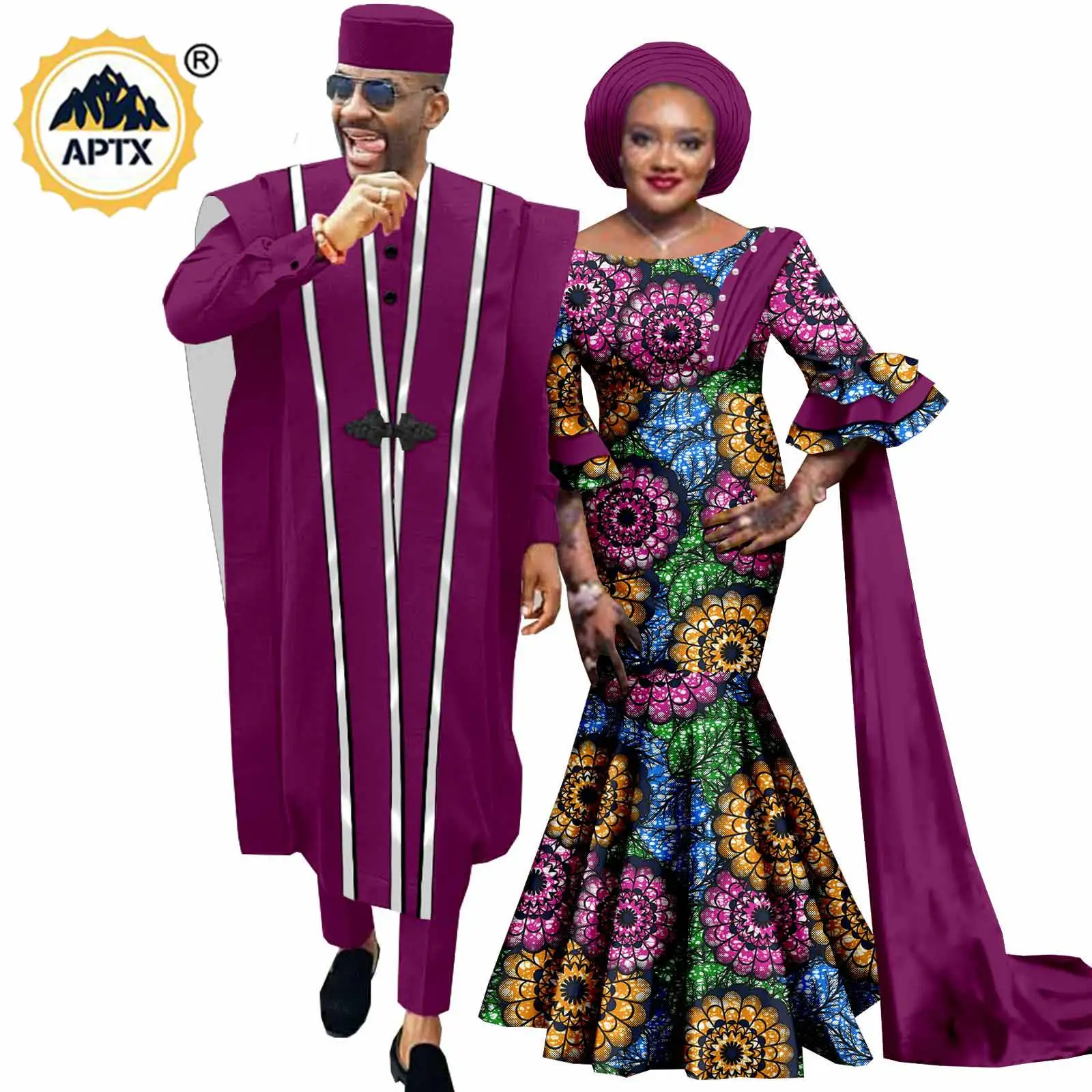 African Couple Matching Clothes Print Long Mermaid Dresses for Women Dashiki Men Outfits 4 Pieces Sets Wedding Vestidos Y23C083