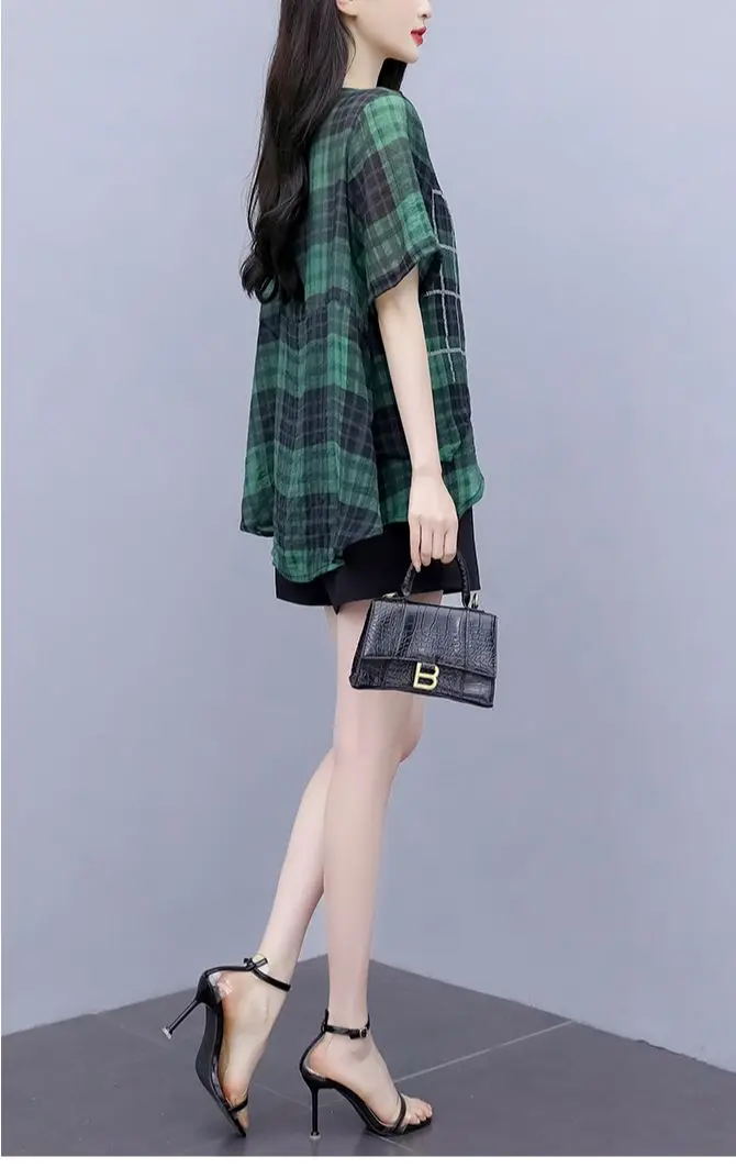 Женский модный костюм большого размера клетчатый Топ и короткие брюки комплект