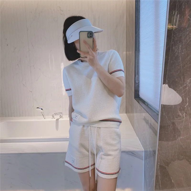 Summer tb college style striped cotton knitted contrasting color niche design short-sleeved + sports shorts two-piece female