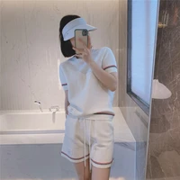 summer tb college style striped cotton knitted contrasting color niche design short sleeved sports shorts two piece female