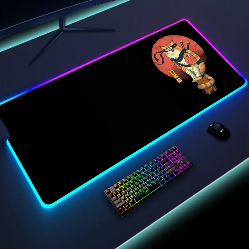 RGB Mouse Pad Japanese Ninja Cat Colorful Luminous Desk Mat Gamer Desktop Decoration Gaming Accessories LED Lighting Mousepad