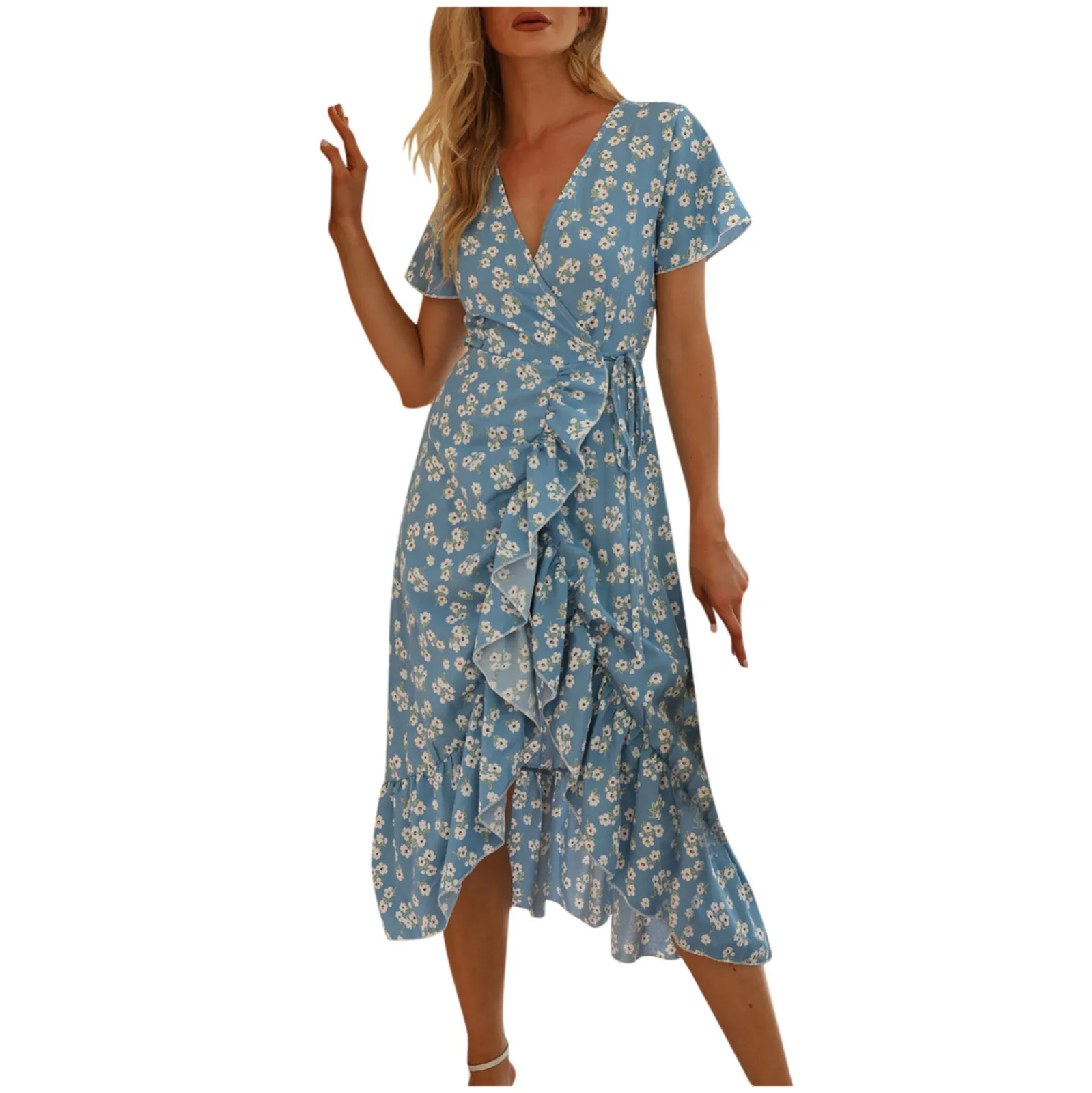 Женское шифоновое платье с V-образным вырезом коротким рукавом и высокой талией |