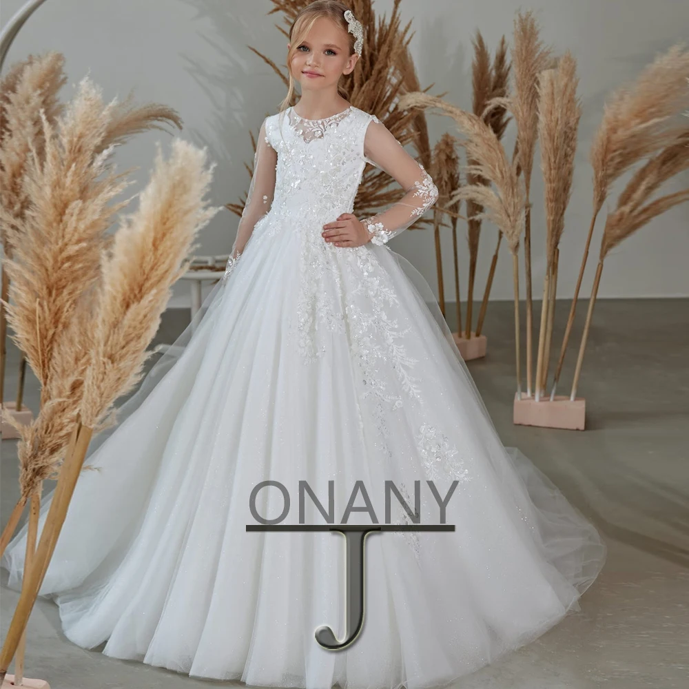 

JONANY Fashion Flower Girl Dress Dropping Shipping Baby Long Sleeves First Communion Beauty Party Dress Robe De Demoiselle