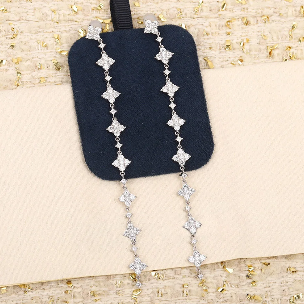 

New Trend High Quality Brand Pure 925 Sliver Crystal Flower Tassel Long Earrings Luxury Jewelry For Women Gilrs Wedding Party