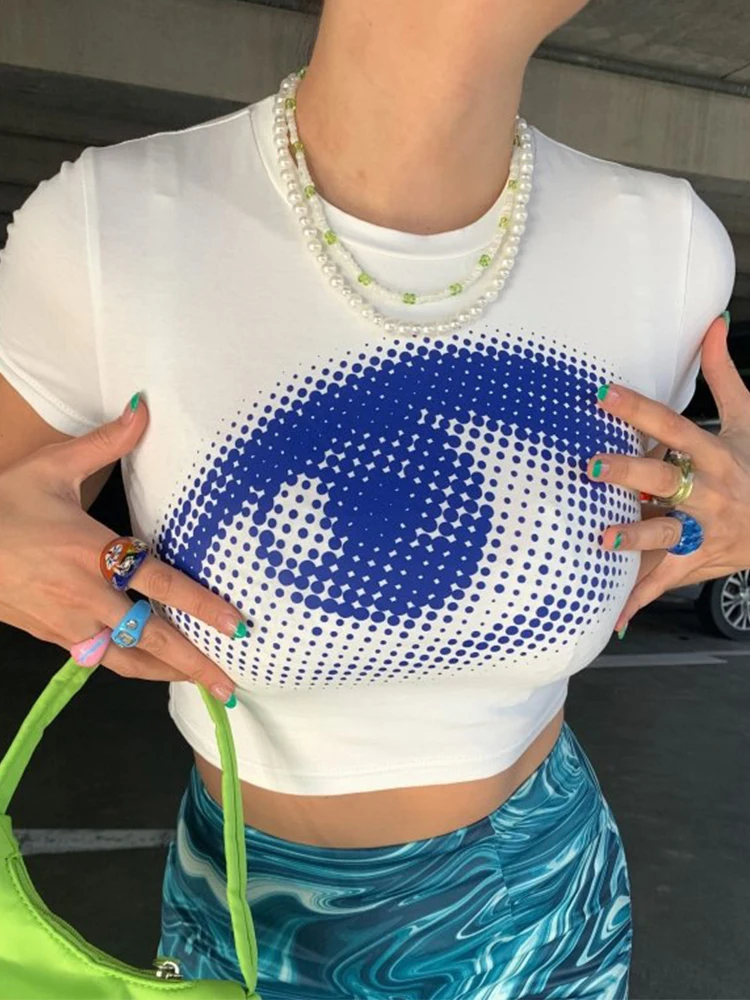 

Tee Cartoon Eyes Graph Graffiti Short Sleeve Top Women T-shirt High Street Harajuku Vintage Pullover Summer Tight Basic Crop Top