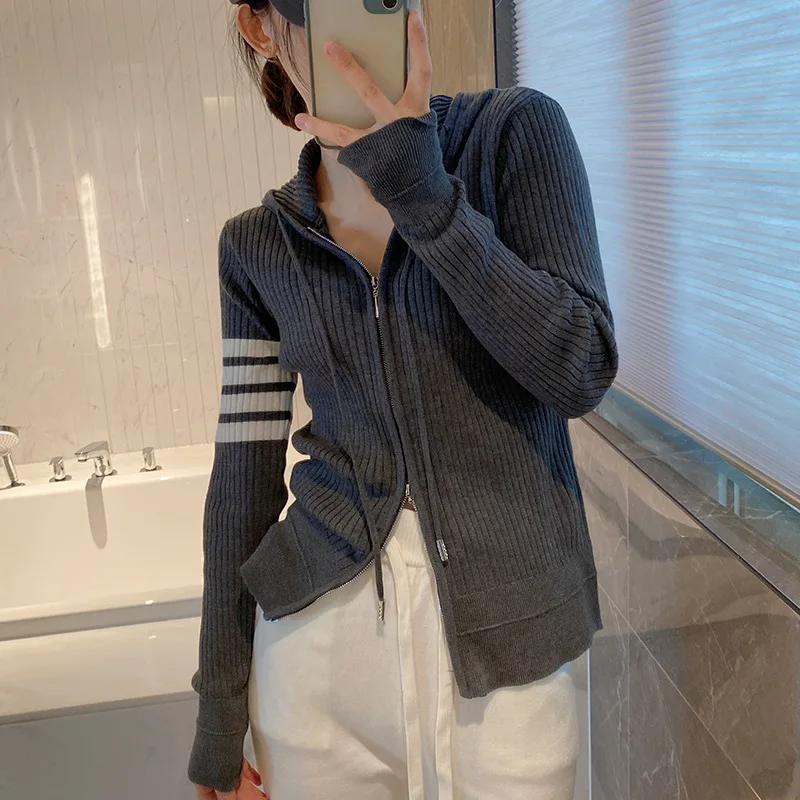 

High Quality Korean Green Hooded Zipper Knitted Cardigan Coat Women's Autumn Winter Wool Overwear Korean Loose TB Versatile Top