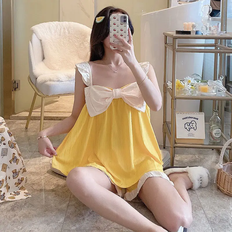 Women Pajamas Summer Shorts Kawaii Pajama Lovely Bow Front Sleeveless Pijamas Two Piece Set Summer Cotton Homewear New Sleepwear