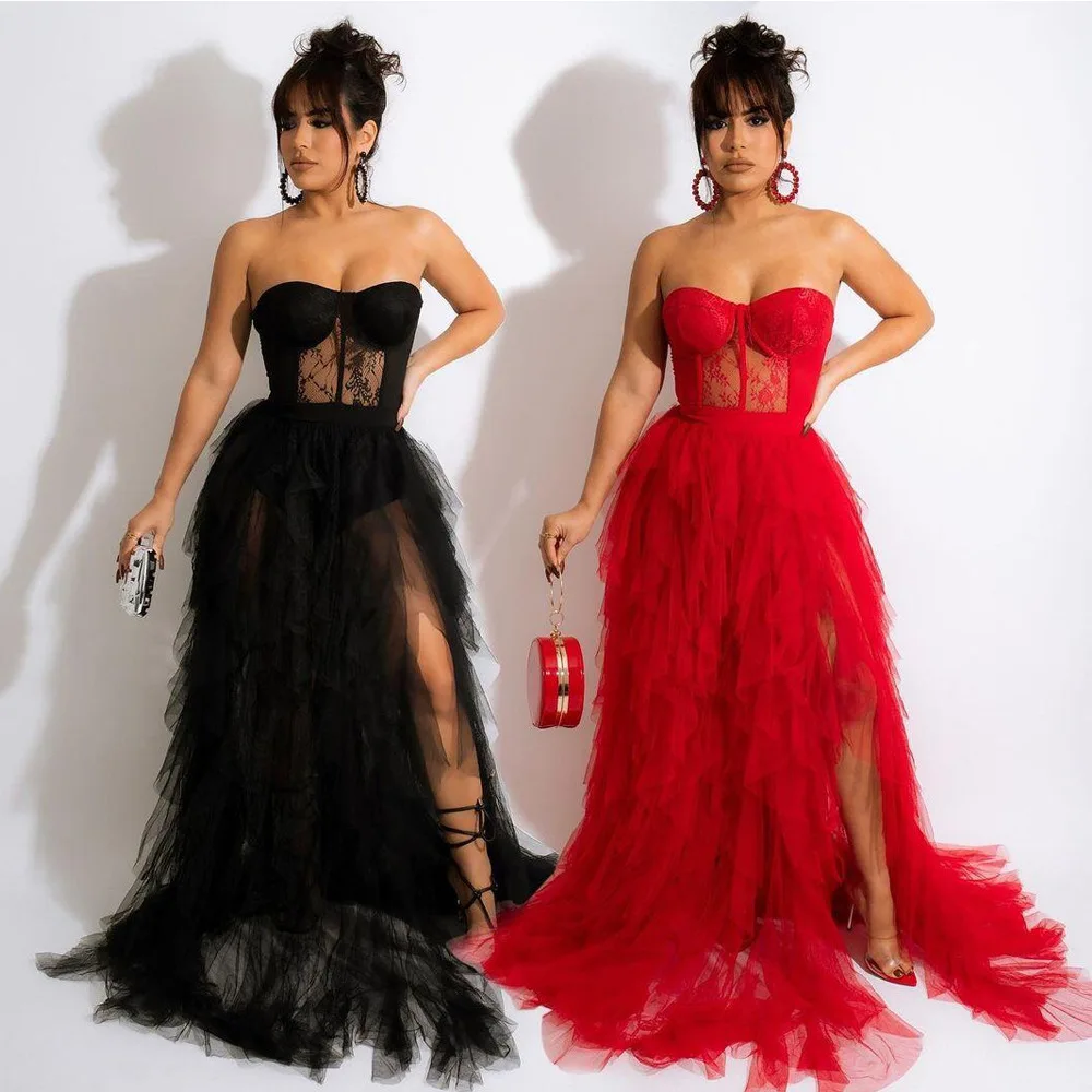 Women Fashion Wedding Dresses Solid Strapless Sheer Mesh Ruffle Black Red Lace Patchwork Sexy Elegant Robe Femme Vestidio