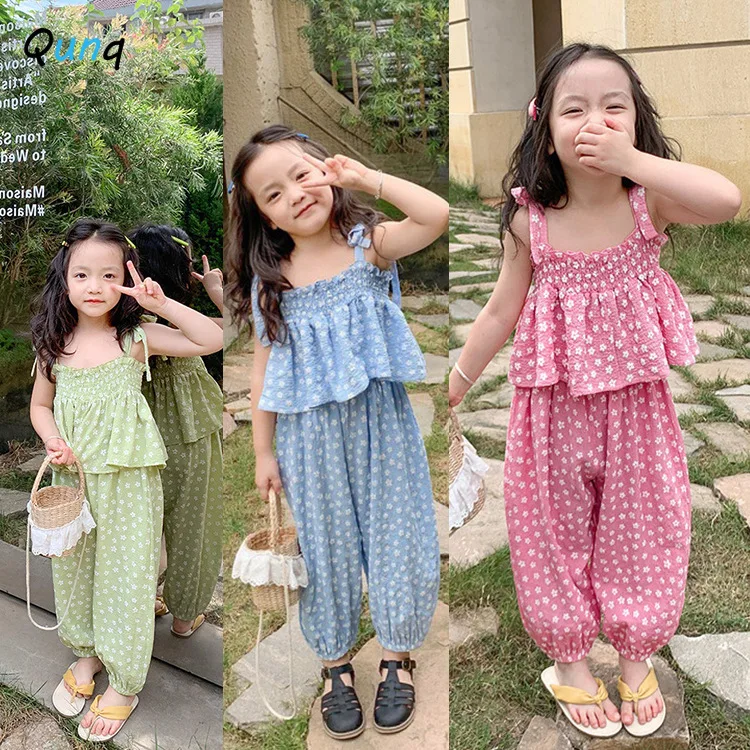 

Qunq Summer New Girls Polka Dot Print Condole Belt Bind Top + Long Pants 2 Pieces Set Korean Casual Children Cclothes Age 3T-8T