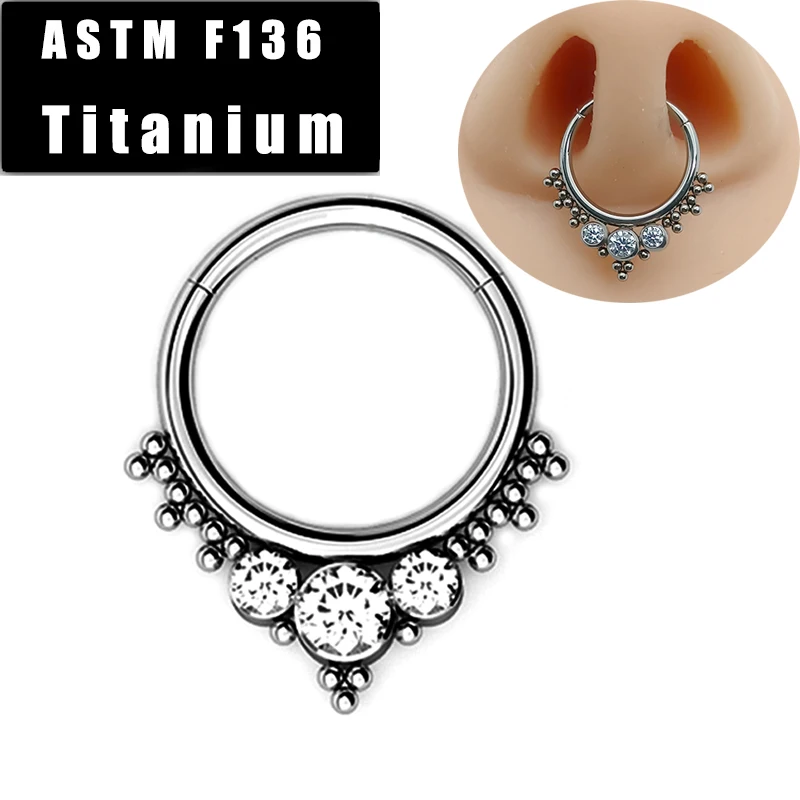 

ASTM F136 Titanium Nose Rings Tragus Piercing Ear Cartilage Earrings 3 CZ Cluster Bead Hoop Nose Septum Ring Woman Body Jewelry