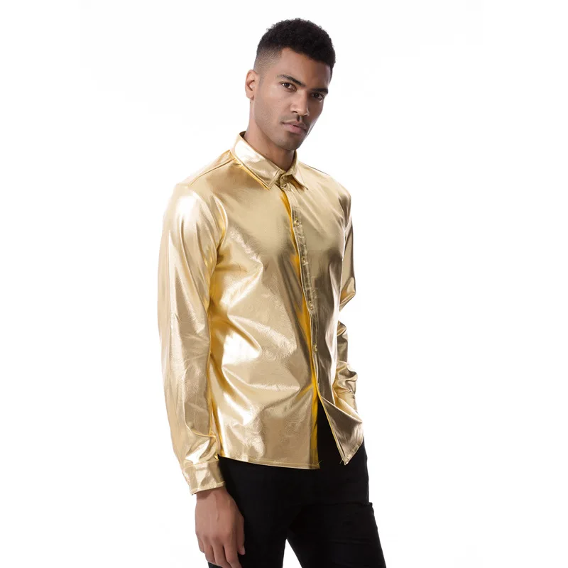 Mattswag Shiny Metallic Long Sleeve Dress Shirts High Quality Social Nightclub Men's Clothing Fashion Party Prom Chemise Homme