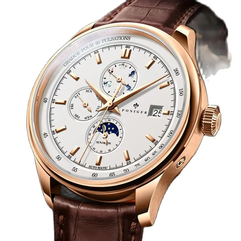 

Switzerland Luxury Brand PONIGER Japan Automatic Mechanical Men Watches Multi-function Sapphire Moon Phase Waterproof Clock P815