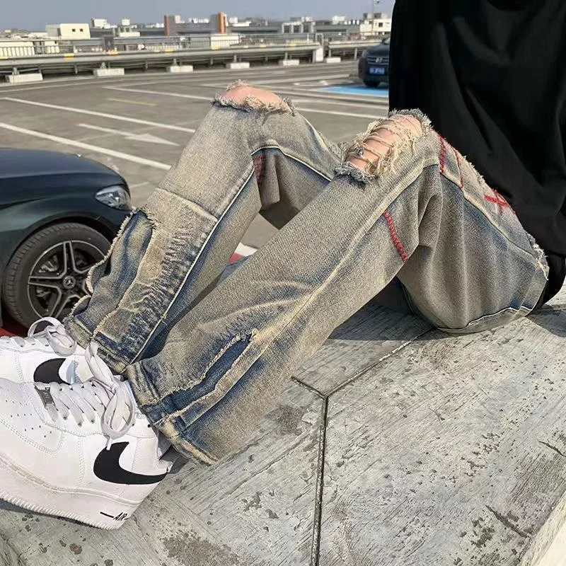 Blue Hole Embroidered Jeans Men Fashion Casual Straight Jeans Men Streetwear Loose Hip Hop Ripped Denim Pants Mens Trousers