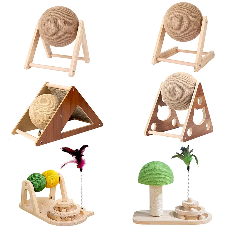 2022 New Cat Solid Wood Turntable Sisal Rope Ball Board Grinding Paws Kitten Catching Ball Feather Spring Toys Cat Accessories