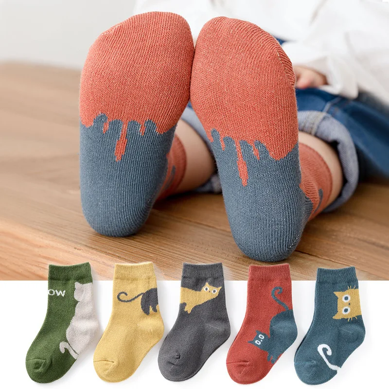 5Pair/Lot Kids Cotton Socks Boy Girl Baby Cute Cartoon Soft Warm Stripe Monster Fashion Sport Socks Autumn Winter Children Gift