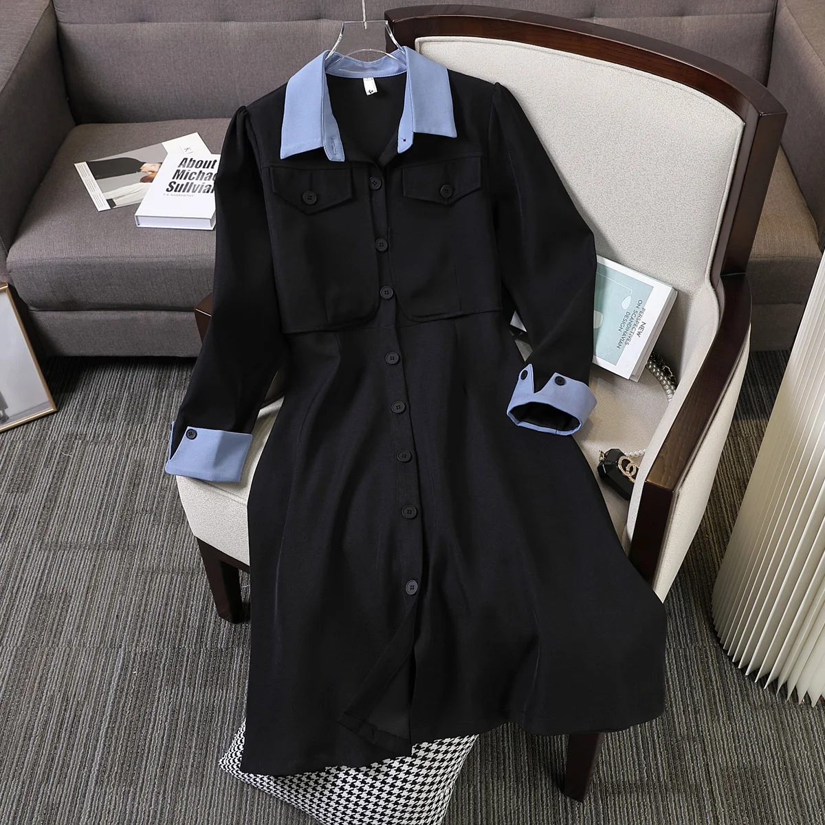 Женское элегантное платье-рубашка свободное облегающее однобортное платье