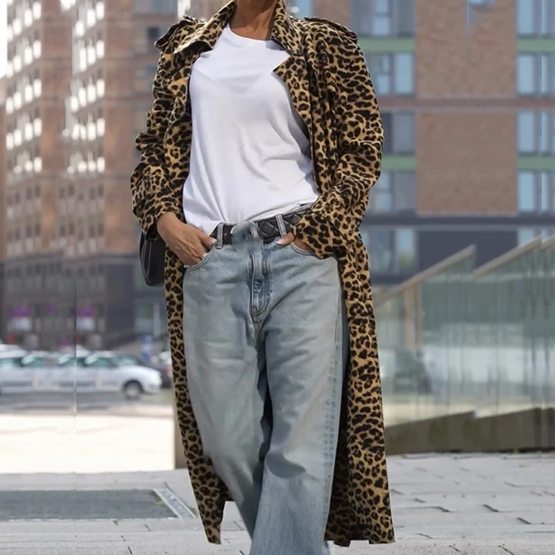 Женский плащ с леопардовым принтом и отложным воротником модные уличные куртки