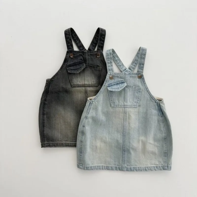

Children Clothing Kids Casual Strap Dress Korean Style Spring Autumn New Fashionable Soft Denim Retro Pocket Girls Casual Dress