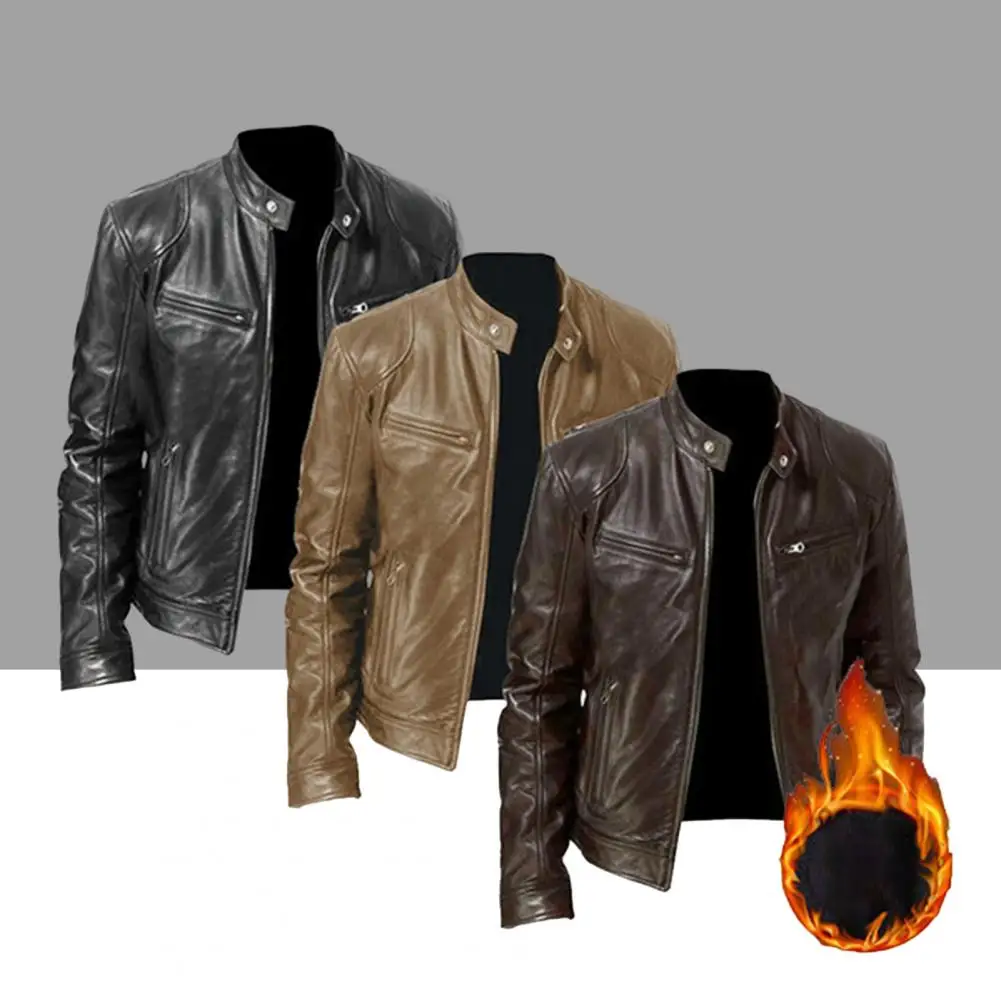 

Men Jacket Solid Color Stand Collar Zipper Long Sleeve Slim Thicken Faux Leather Warm Plush Outerwear Streetwear
