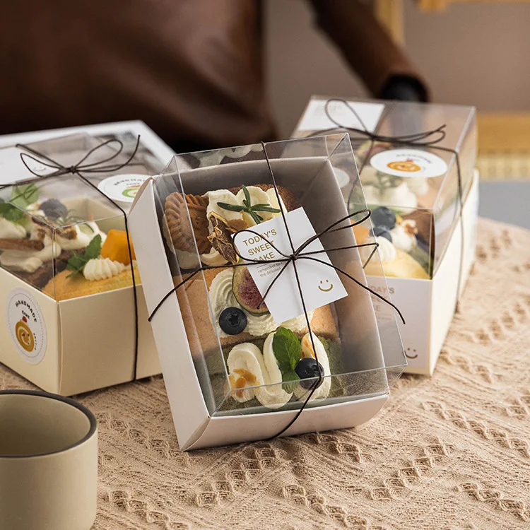

Life 10pcs Transparent Cake Box with Handle Cupcake Swiss Clear Plastic Portable PET Packing Gift Box Roll Long