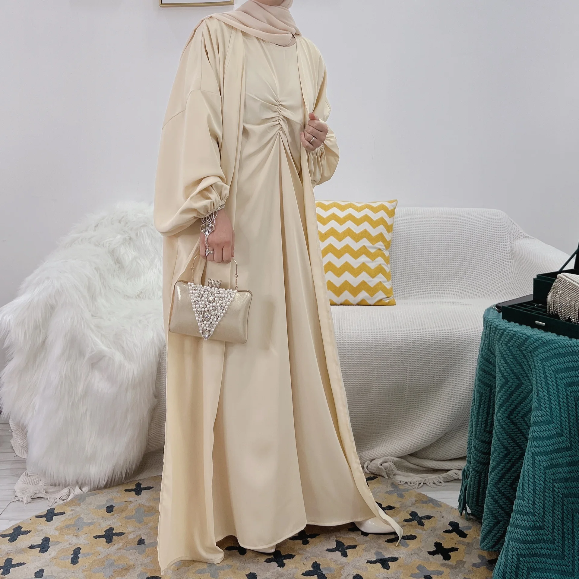 

3 Piece Set Women Kaftan Dubai Arabic Modest Outfits Kimono Open Abayas Maxi Dress Ramadan Muslim Turkey Islamic Prayer Clothes