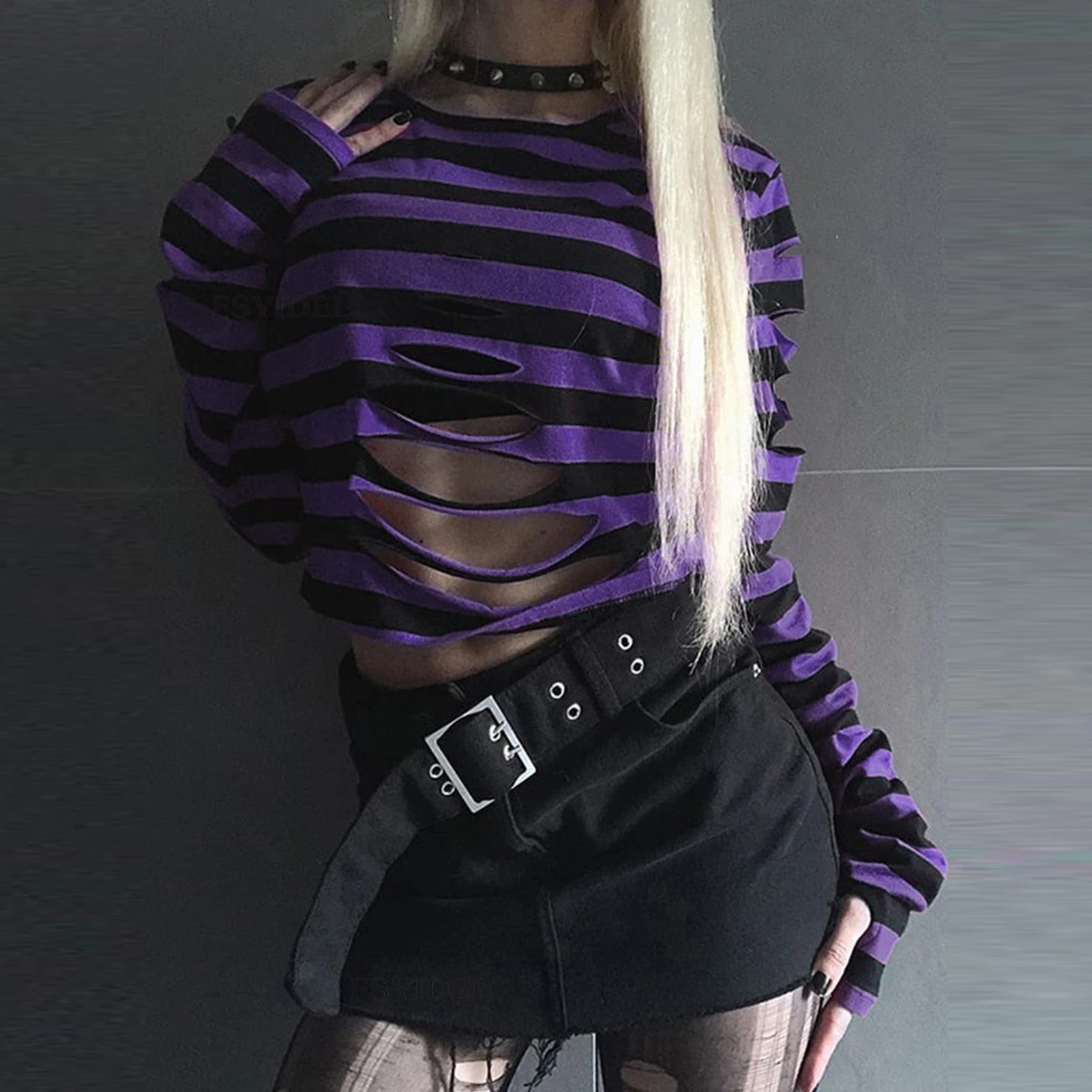 

Sexy Ripped Club Party Jumpers Lady Streetwears Ladies Ripped Shirts Top Hollow Out Crew Neck Harajuku Style Grunge Clothes Tops