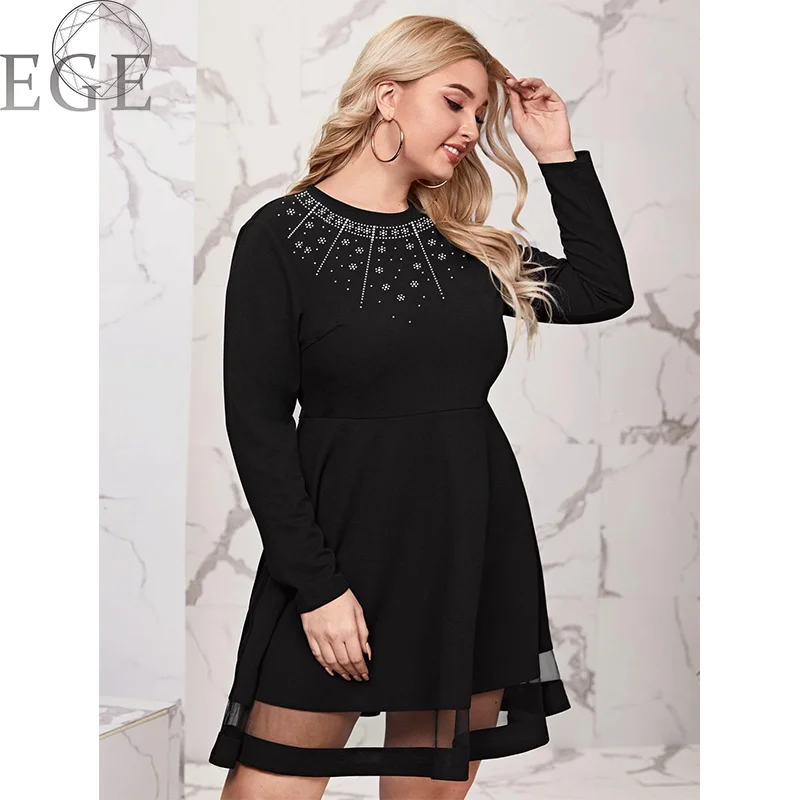 Plus Size Round Neck Black Dress Shiny Mesh Gorgeous Noble Plus Size Long Sleeve Loose 4xl 5xl 6xl Dresses