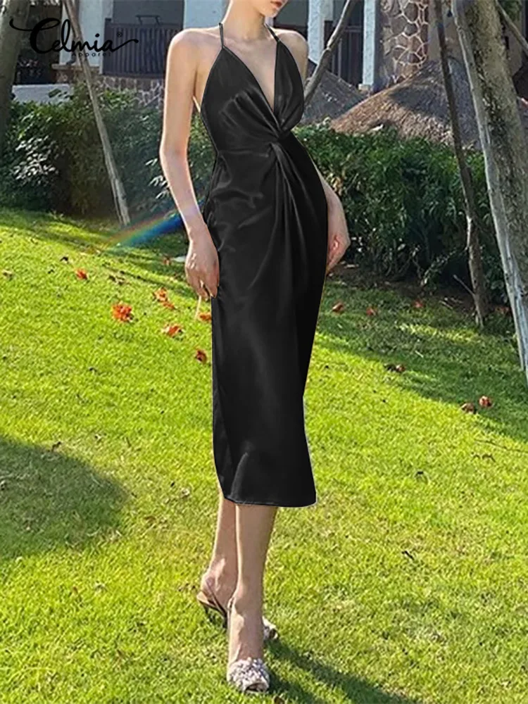 

Celmia 2022 Summer Elegant Party Dresses Halter Twisted Vestidos Women Satin Silk Midi Dress Sexy Spaghetti Strap Long Robes