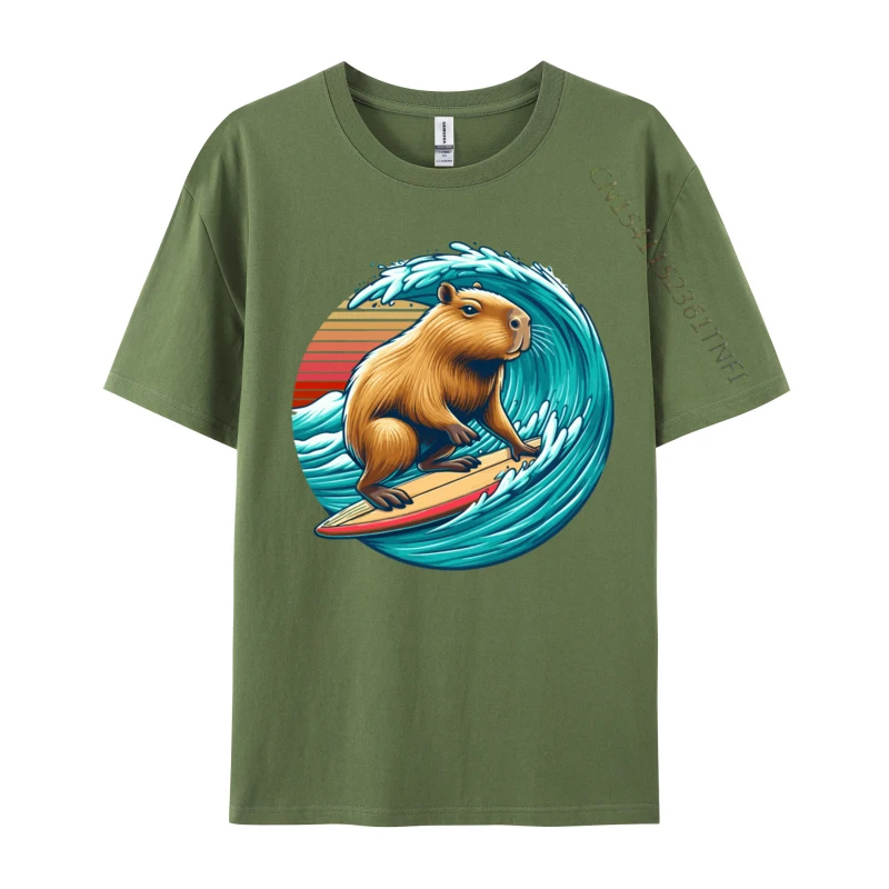 Capybara Surfer Wave Забавный серфинг с животным принтом на хлопковой мужской футболке