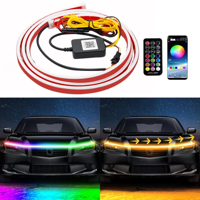 

Автомобильный светодиодный RGB-светильник на капоте, многоцветный динамический сканер, запуск дневных ходовых огней, указатель поворота, лампа для грузовика, внедорожника, приложение, дистанционное управление, 12 В