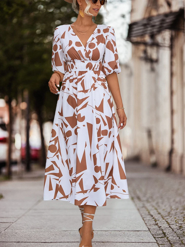 

New Geometric Pattern Waistband V-neck Long Casual Commuter Dress for Spring Summer Women's Dress Women Clothing New In Dresses