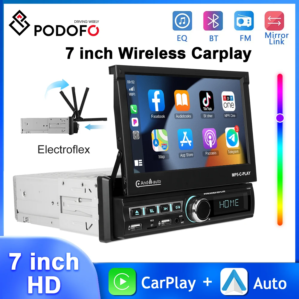 Фото Podofo 7-дюймовый IPS сенсорный экран Автомобильный радиоприемник Carplay Android Авто USB зарядка FM/RDS BT EQ USB Автоматический выдвижной экран Автомобильная стереосистема №1