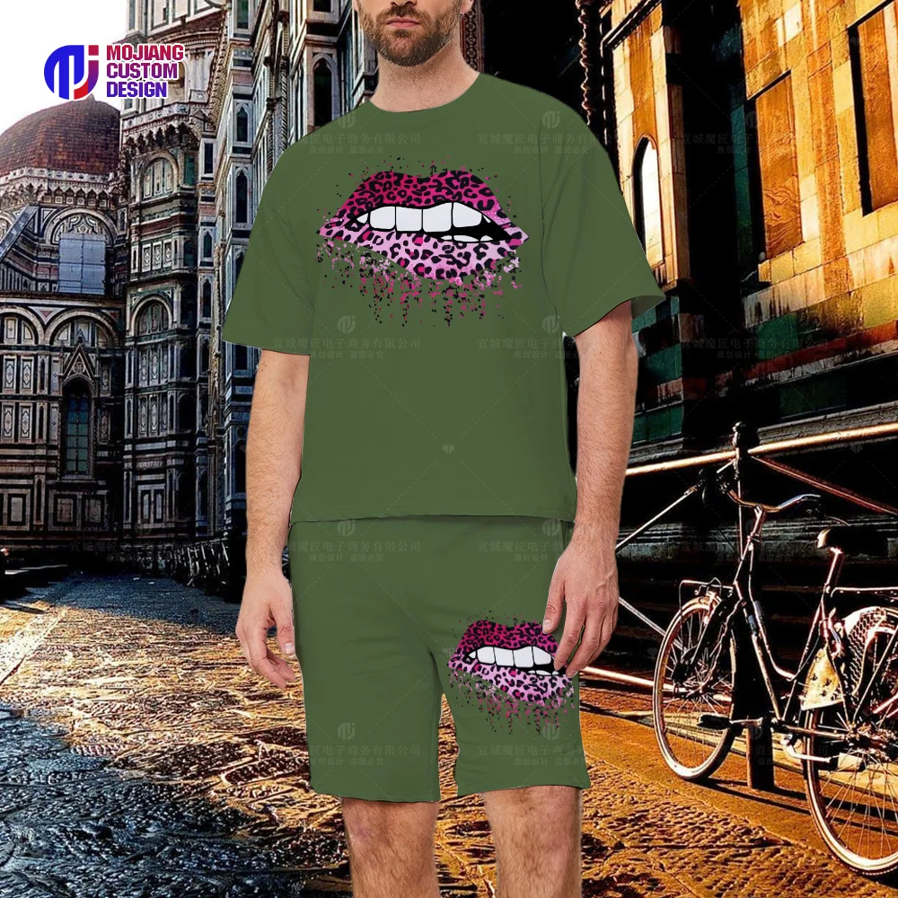 2023 Leopard Print Lip T-Shirt Shorts, Men's New Spring And Summer Casual Round Neck Shirt + Pants Two-Ppiece Suit