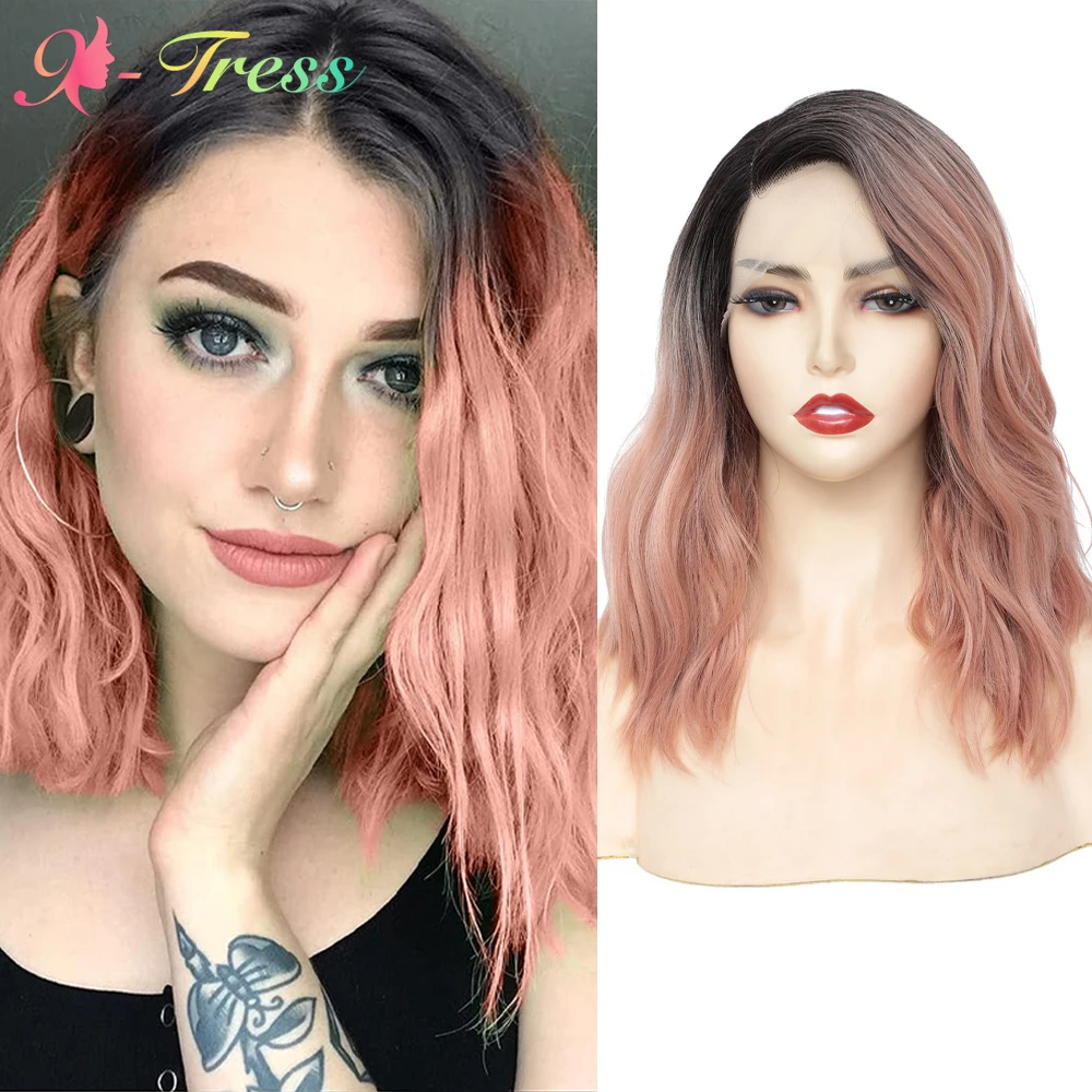 Pastel Rose Short Bob Lace Front Wigs for Women 12 inches Natural Wave Ombre Pink Side Part Synthetic Lace Hair Wigs X-TRESS