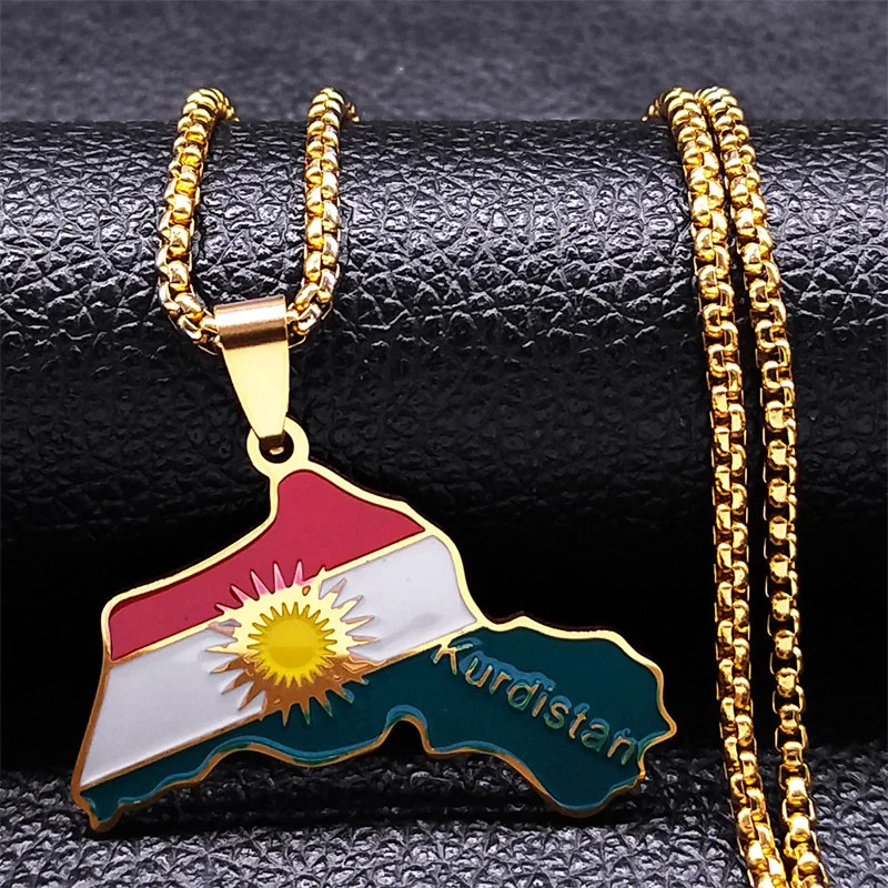 Kurdistan Region Map Necklace for Women Men Chains Stainless Steel Kurdistan Flag Map Pendants Necklace Jewelry Collar N6212S01