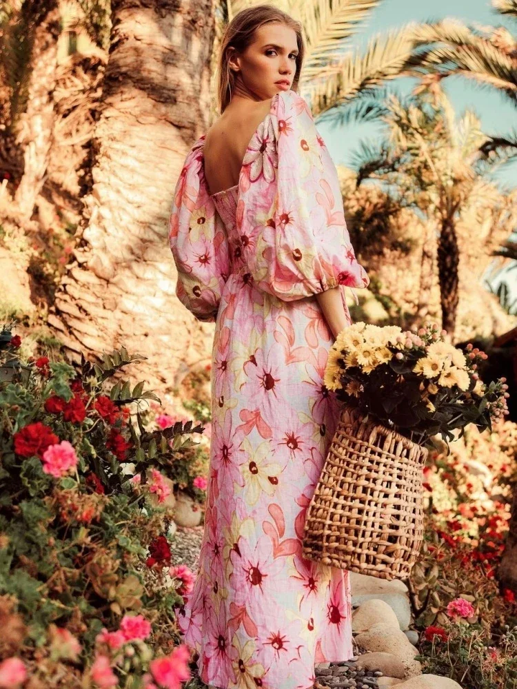 Женское длинное платье с цветочным принтом элегантное розовое V-образным вырезом