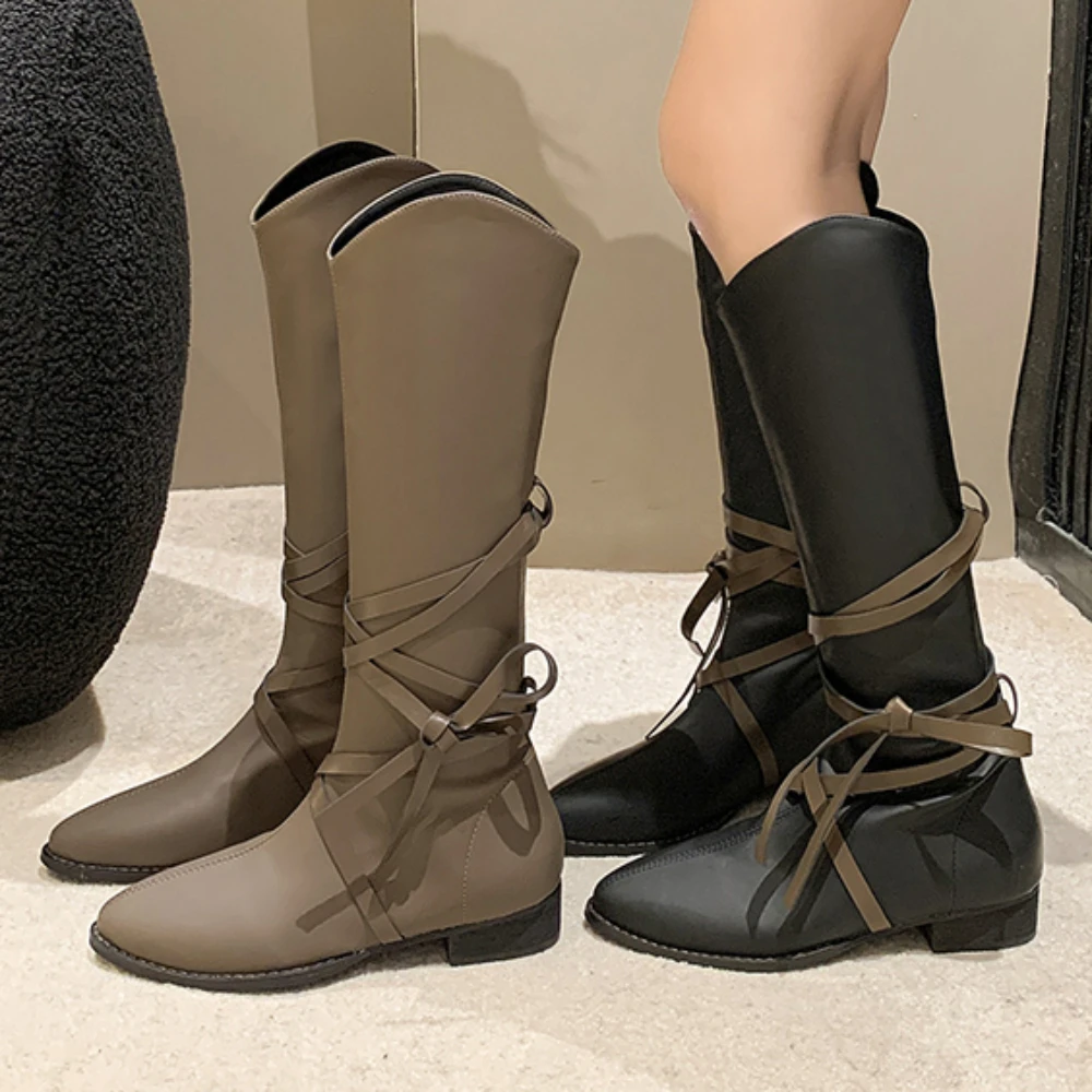 

Women Pointed Knee High Boots Low Heel Chelsea Boots Slip on Winter Designer Chunky Ankle Boots Leather Comfy Lady Western Boots