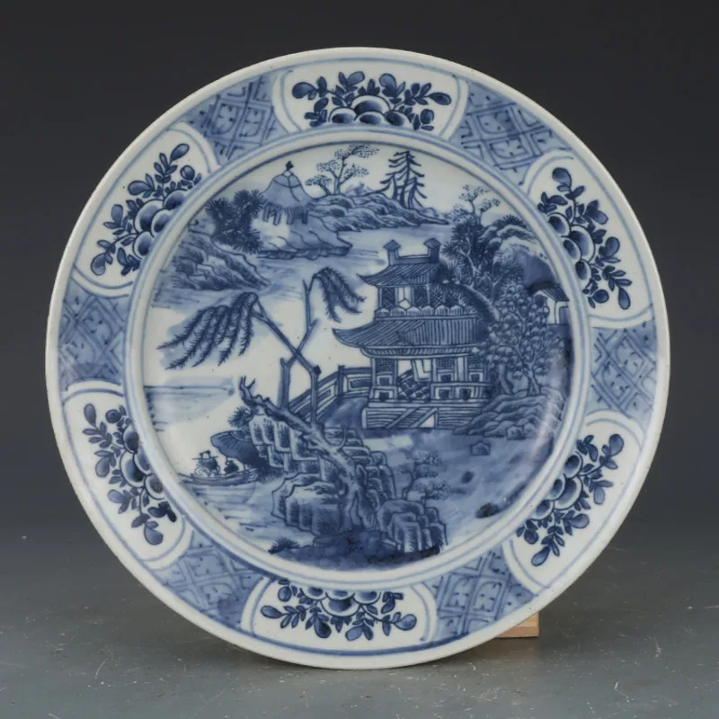 

Chinese Retro Tableware Blue And White Landscape Pattern Plate Antique Porcelain Collection