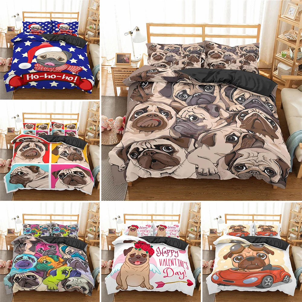 

High Quality Cartoon Pug Microfiber Quilt Cover Animal Dog Theme Bedding Set 2/3pcs Queen King Size Kids Four Seasons Bedclothes