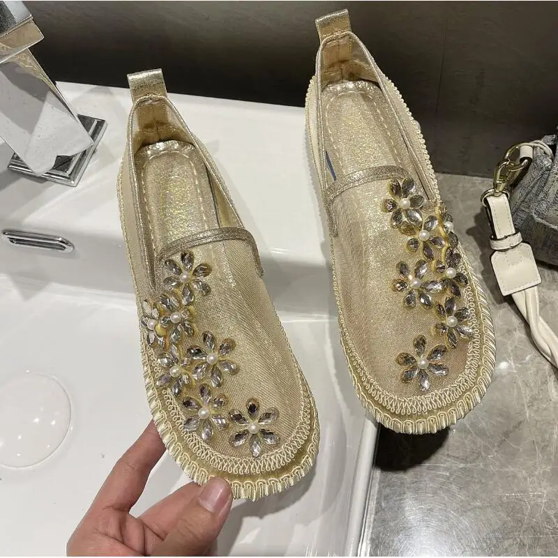 

2022 New Lace Mesh Crystal Floral Loafers Comfort Breathable Summer Walking Shoes Woman Fashion Slip-on Ballet Flats